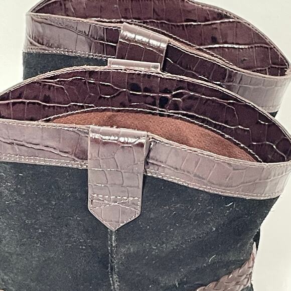 Brighton Boots Short Cowboy Western Brown Croc Leather Black Suede - Picture 5 of 11